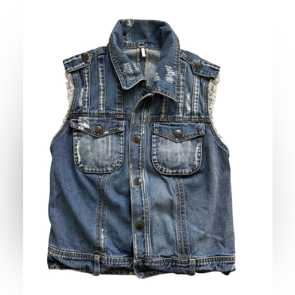 Free People Medium Blue Distressed Denim Vest